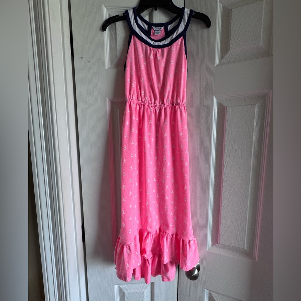 Hartstrings Pink Anchor Maxi Dress with Ruffle Hem, Girls SZ 8, EUC